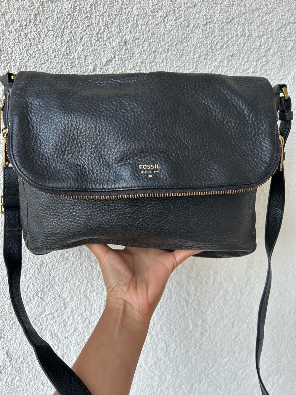 Fossil Black Pebbled Leather Crossbody with Gold Accents